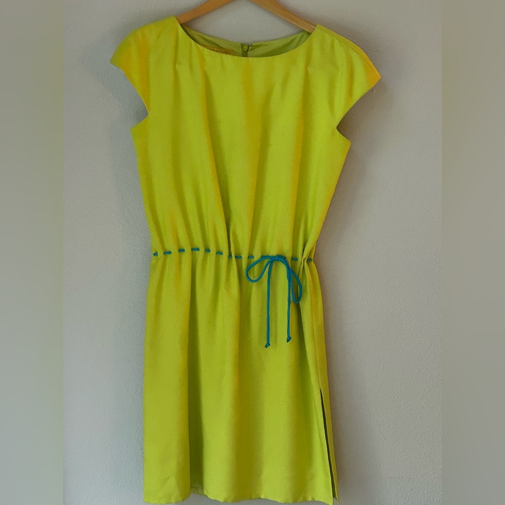 Fresh Lime Green Silk Shift Peasant Rouched Dress W/ Teal Accent (Size 6)